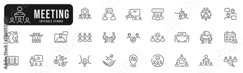 Set of meeting related line icons. Conference, team, group, presentation etc. Editable stroke