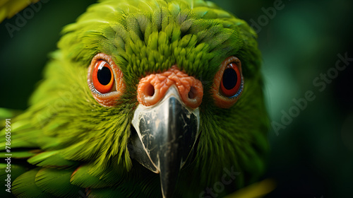 A close up a green big parrot in the blur background