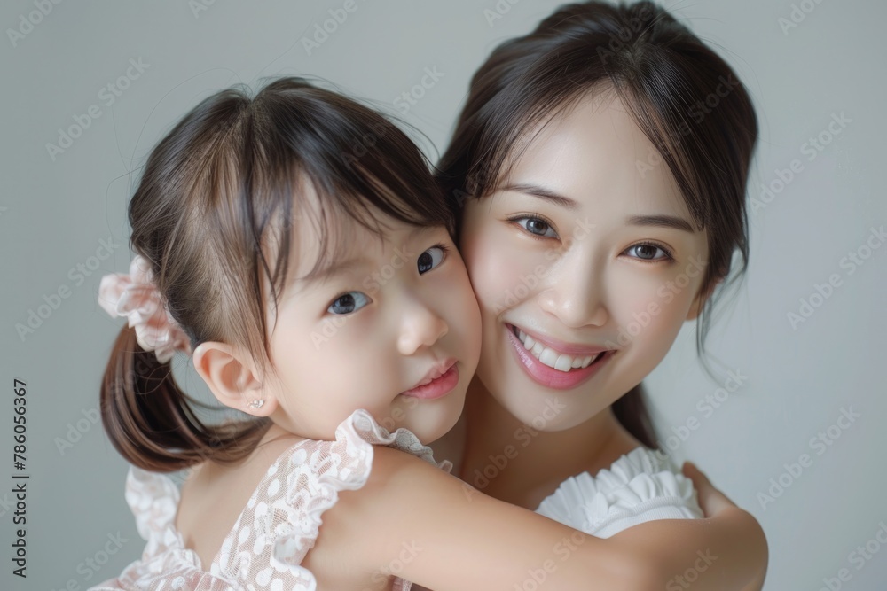 Young Asian Girl: Beautiful Smiling Daughter Hugs Happy Mother on White Isolated Background Young Asian Girl: Beautiful Smiling Daughter Hugs Happy Mother on White Isolated Background