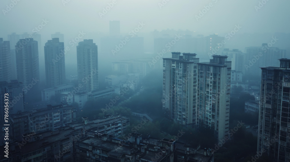 Aerial view urban cityscape with thick pm 2.5 pollution smog fog covering city high-rise buildings, blue sky