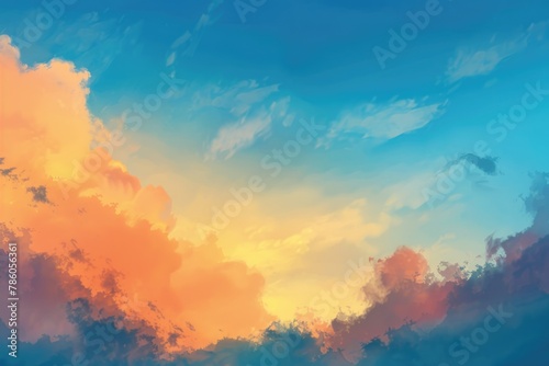 Orange And Blue Sky Gradient. Sunset Beauty Background with Bright Clouds