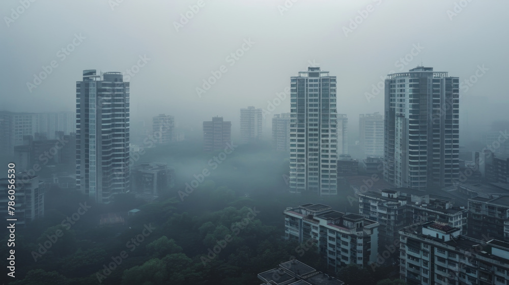 Aerial view urban cityscape with thick white pm 2.5 pollution smog fog covering city high-rise buildings