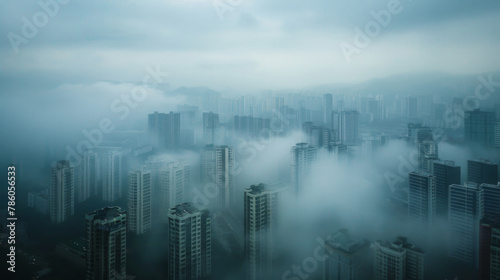 Aerial view urban cityscape with thick white pm 2.5 pollution smog fog covering city high-rise buildings  blue sky