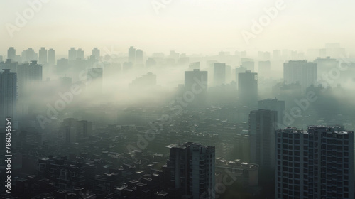 Aerial view urban cityscape with thick pm 2.5 pollution smog fog covering city high-rise buildings, yellow sky