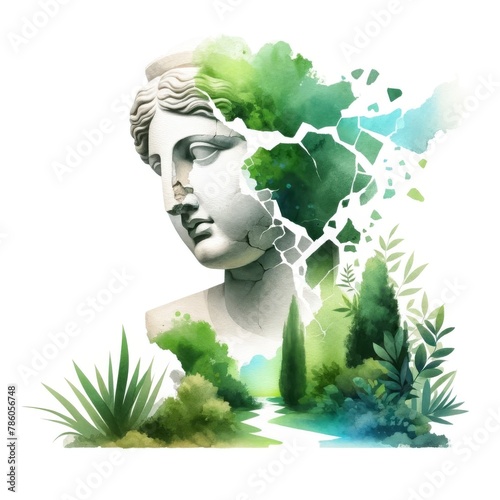 Watercolor painting of a broken classical statue merging with a vibrant green oasis. © Uma-Meaw
