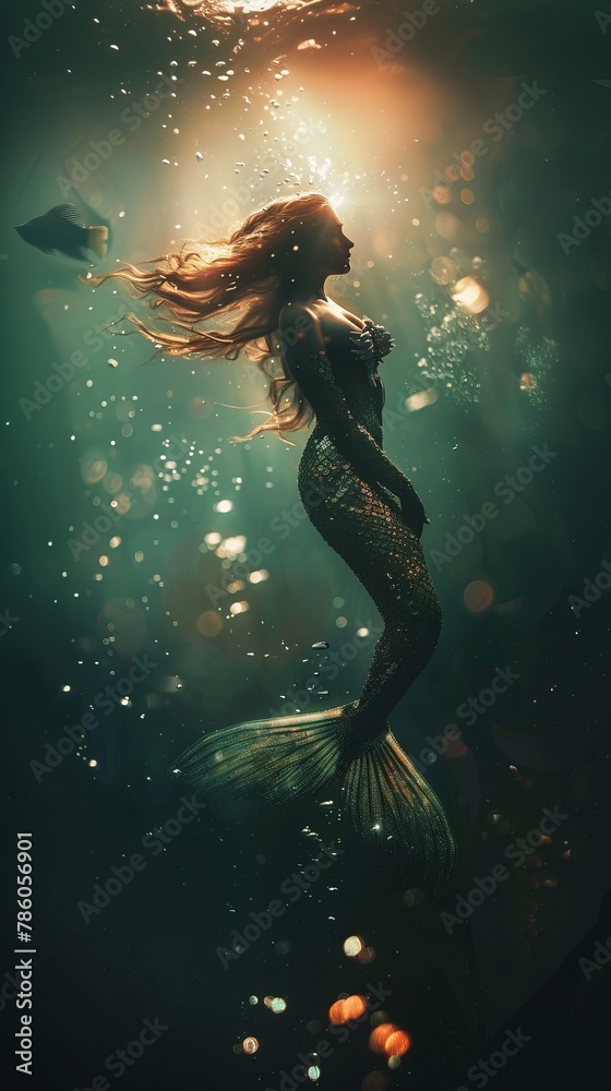 Fototapeta premium Beautiful mermaid underwater. Mermaid woman swims underwater at depth