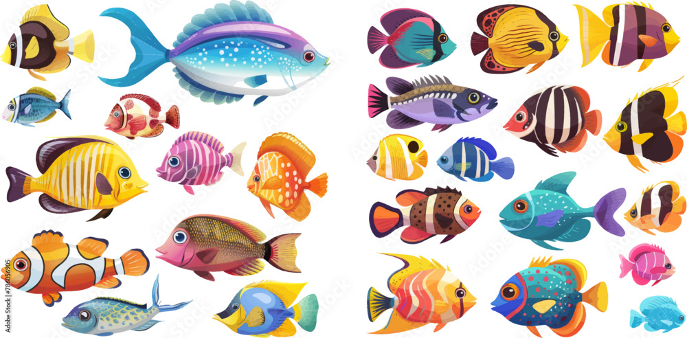 Goldfishes, tetra, barb, angelfish and lionfish. Small freshwater fish pets vector set