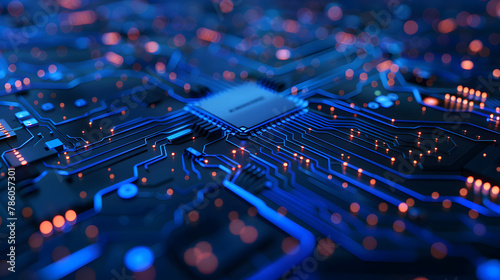 Close-up of a blue computer circuit board with electronic chips and transistors photo