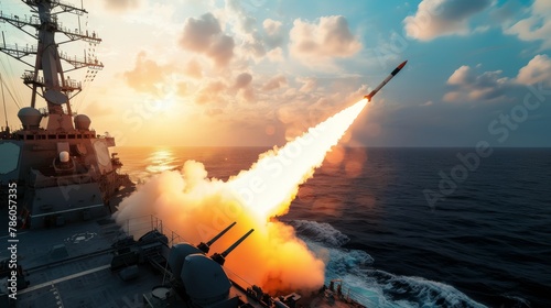 Military Ship Firing Missile Into Air