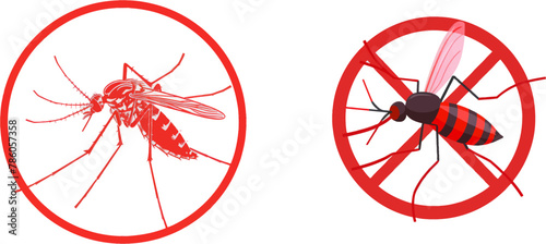  Informational red prohibited mosquito target, signaling stop gnat bite dangerous infection