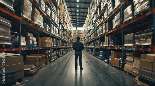 Man Walking Through Warehouse Filled With Boxes photo