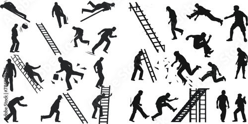 Black silhouette pictograms of people falling from staircase and ladder