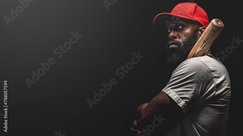 African American troublemaker with a baseball bat standing alone on a black background with space for text banner photo
