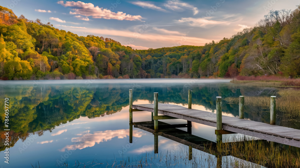 A peaceful lake surrounded by tall trees, with a small wooden dock extending into the water. A peaceful lake surrounded by tall trees, with a small wooden dock extending into the water.