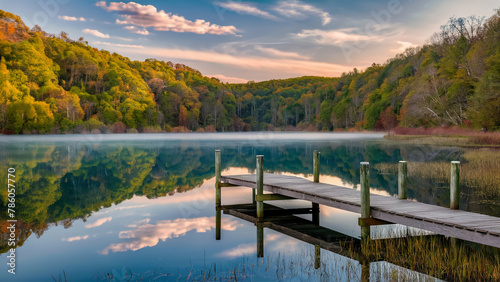 A peaceful lake surrounded by tall trees, with a small wooden dock extending into the water.