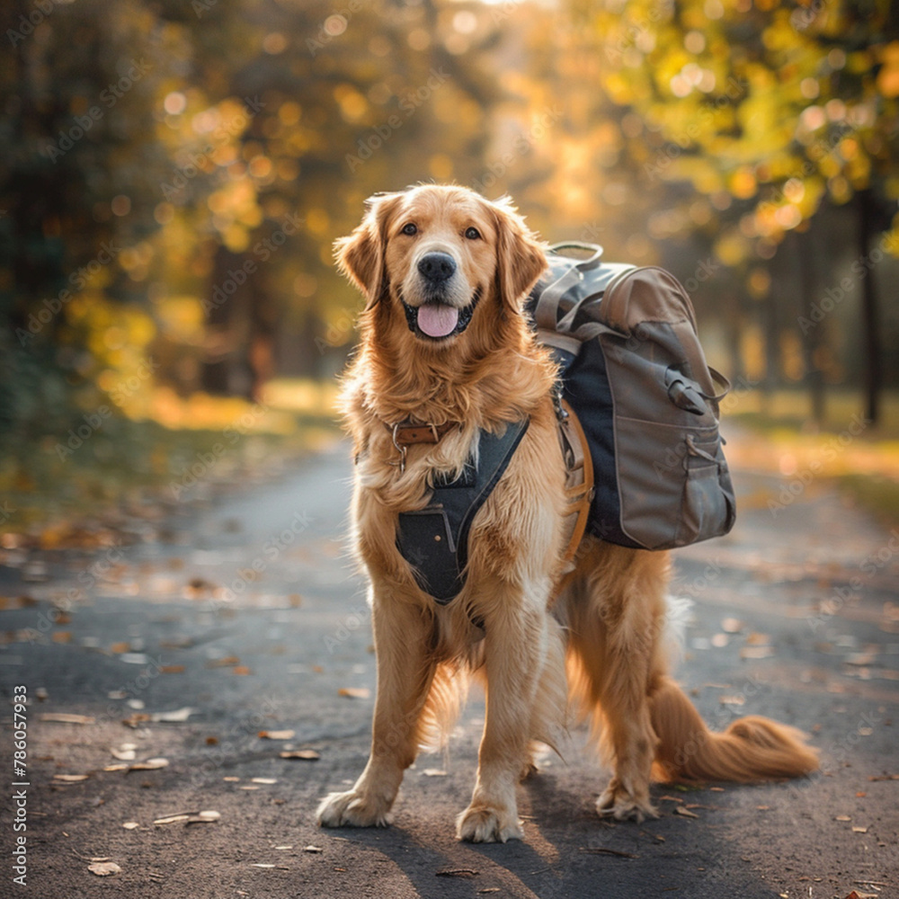 beautiful golden retriever dog on the autumn road with a tourist backpack. travelers concept.