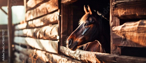 A horse looking out of the window of an old wooden stable.
