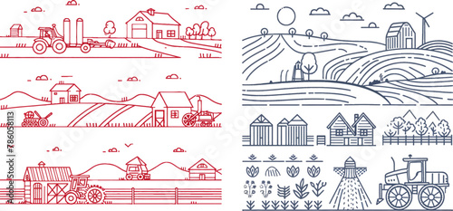 Line rural and farm landscapes with fields, barns and machinery icons