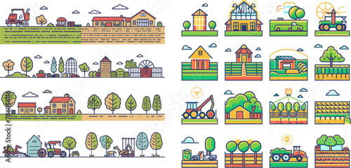 Agriculture industry icons. Farming buildings, harvest, farmland vector set