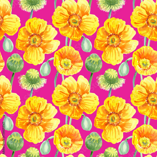 Wallpaper Mural Seamless pattern of yellow poppy flowers painted with watercolours on a pink background. Botanical collection of garden and wild plants. For fabric, sketchbook, wallpaper, wrapping paper Torontodigital.ca