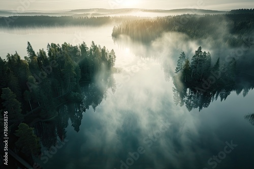 Fog lake and forest landscape, aerial view © Simone