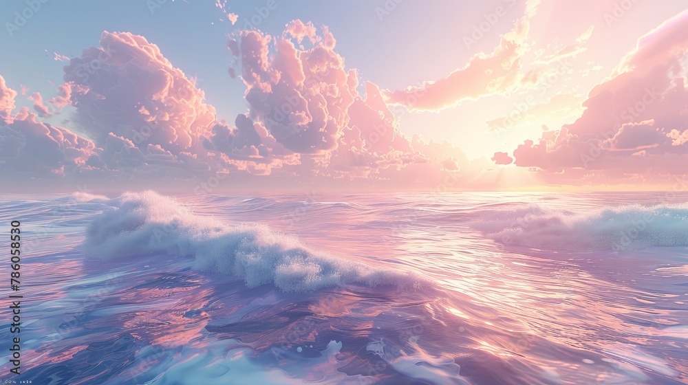 Imagine a serene but dynamic 3D environment where soft pastel clouds float in a multicolor sky, creating a peaceful yet mesmerizing visual symphony.