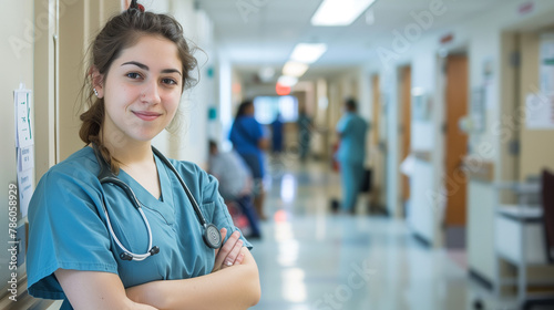 Free Download Happy joyful female medical person doctor standing in hospital corridor, arms crossed and people working in background - GFXLoad