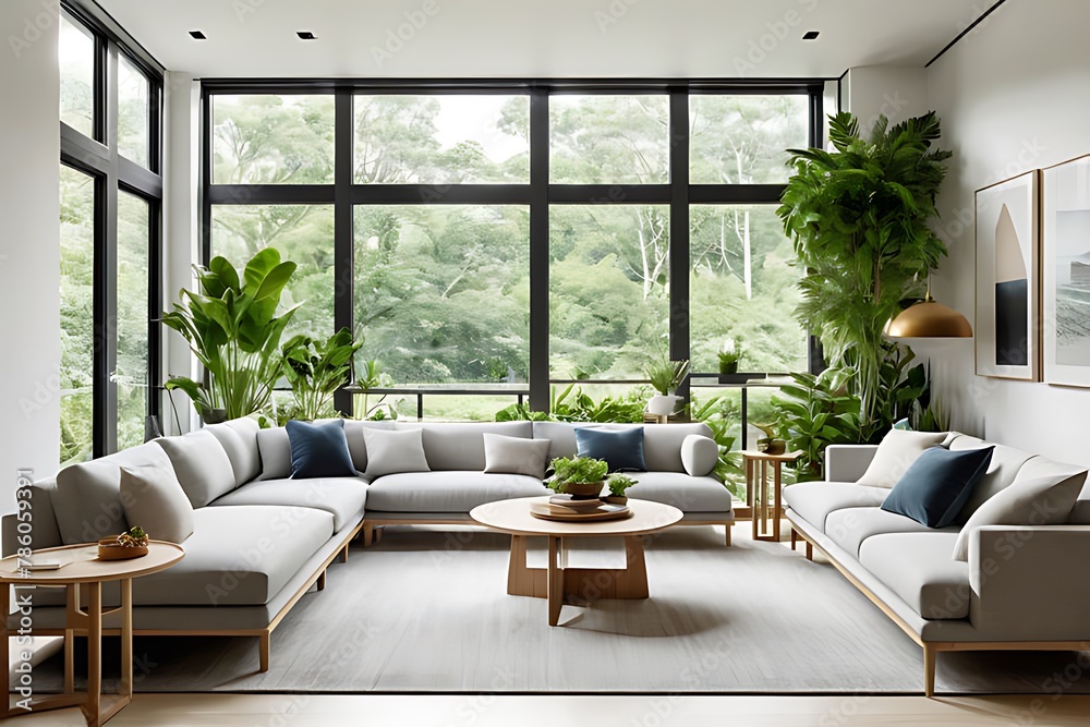 Fototapeta premium Modern indoor living room with potted plants and flowers offers a beautiful view of the nature outside