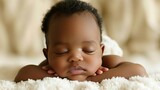 Tranquil african newborn peacefully sleeping in a cozy and inviting white baby crib