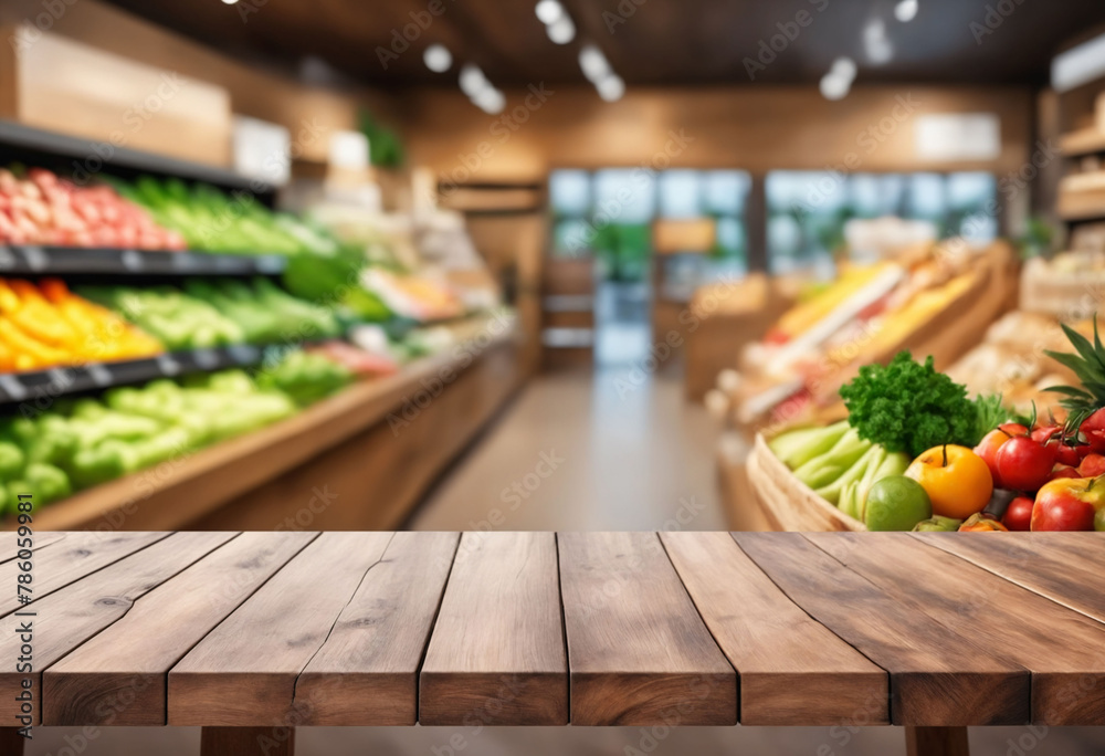 Empty wooden table on a blurred background of an organic grocery store