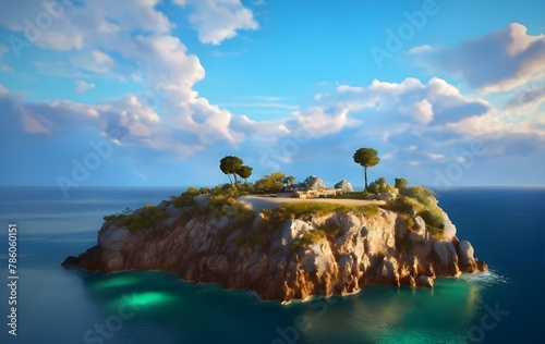 A super realistic photo of a small islet in the Mediterranean Sea, with large rocks, some grass and a small beach, with sunset light, 8kMediterranean SeaLandscapes of Crimean Peninsula, Ukraine, view  photo