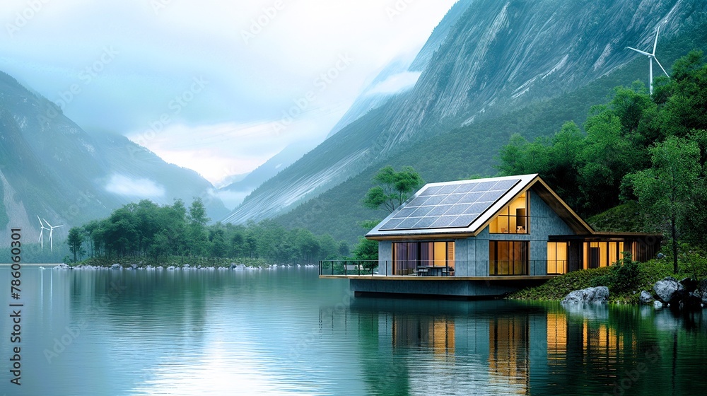 Scenic summer landscape with a charming house nestled on the edge of a calm lake, reflecting the snow-capped peaks of the Alps.