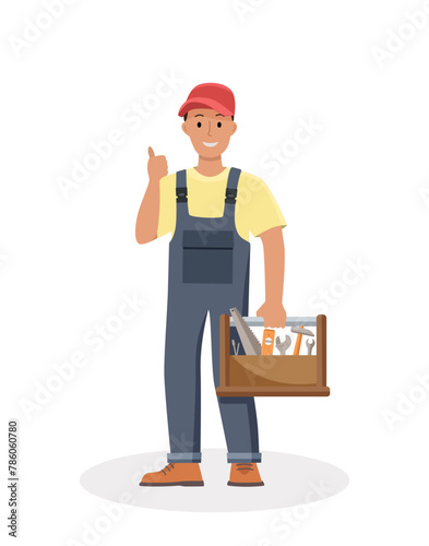 Happy repairman or mechanic with a toolbox of cartoon style. Vector illustration, the concept of repair services.