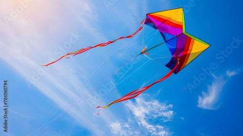 Closeup view of a colorful kite soaring into the sky