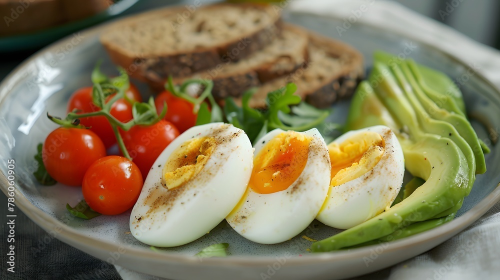 Close-up of a healthy and balanced breakfast of boiled eggs, avocado, cherry tomatoes and slices of wholemeal bread, arranged on a plate or platter Close-up of a healthy and balanced breakfast of boiled eggs, avocado, cherry tomatoes and slices of wholemeal bread, arranged on a plate or platter