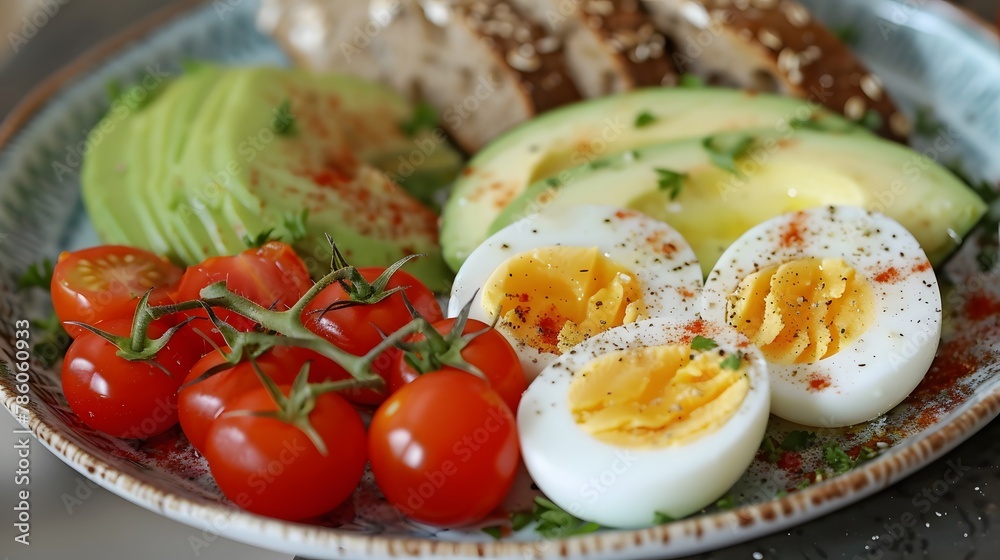 Front shot of a healthy and balanced breakfast of boiled eggs, avocado, cherry tomatoes and slices of wholemeal bread, arranged on a plate or platter Front shot of a healthy and balanced breakfast of boiled eggs, avocado, cherry tomatoes and slices of wholemeal bread, arranged on a plate or platter