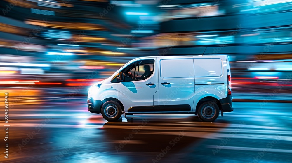 A dynamic image of a white delivery van captured in motion blur as it navigates through the city's vibrant nightlife, symbolizing fast and efficient urban logistics and delivery services
