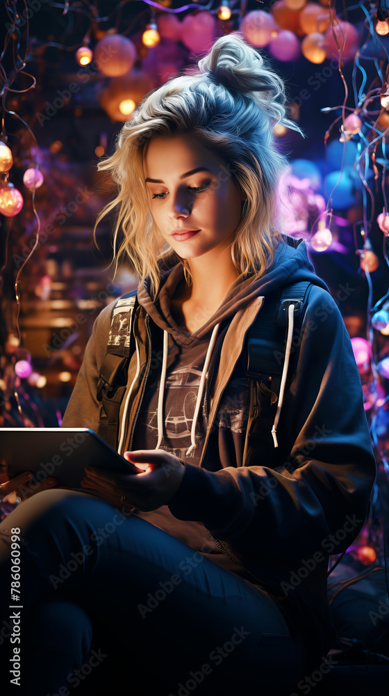 Young woman siting with the tablet in her hands. Colorful splashes around.