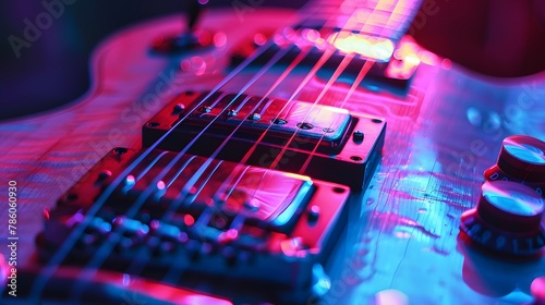 Closeup view of modern guitar strings in a neon light photo