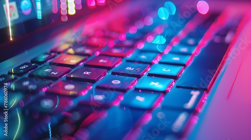 Closeup view of laptop keyboard in neon light