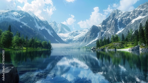 A serene mountain lake nestled beneath towering peaks  its tranquil waters reflecting the surrounding landscape like a mirror of nature s majesty.