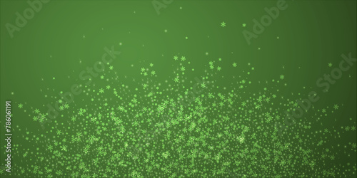 Falling snowflakes christmas background. Subtle flying snow flakes and stars on christmas green background. Beautifully falling snowflakes overlay. Wide vector illustration.