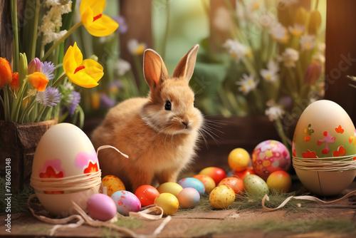 Easter Bunny Amidst Spring Flowers with Colorful Eggs