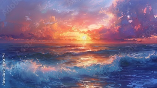 Majestic panoramic sunrise over the ocean, gentle colorful clouds painting the sky, a serene beginning. © ChomStyle