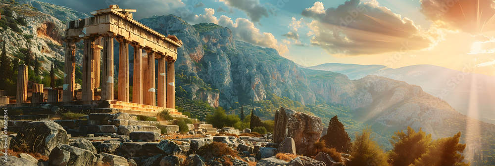 Ancient temple in Greece, view of Greek ruins on mountain and sky ...