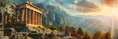 Ancient temple in Greece, view of Greek ruins on mountain and sky background, landscape with old historical building, sun and rocks. Theme of antique, travel and culture