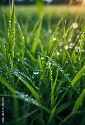 Morning dew on green grass in nature's light
