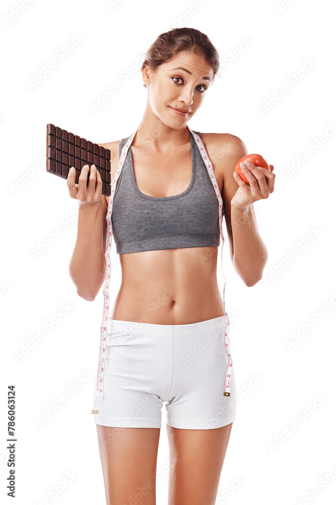 Woman, chocolate and apple with choice and measuring tape for diet, weight loss and balance snacks on white background. Nutrition, fruit and candy with unhealthy versus healthy food for benefits Woman, chocolate and apple with choice and measuring tape for diet, weight loss and balance snacks on white background. Nutrition, fruit and candy with unhealthy versus healthy food for benefits