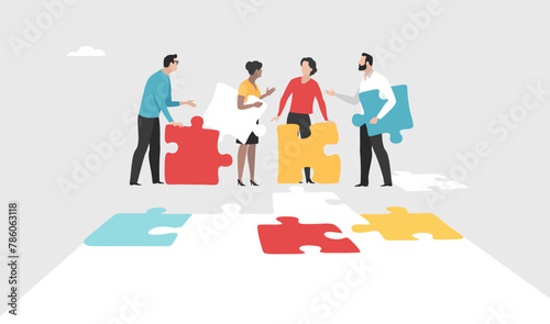 Concept of teamwork, cooperation. People holding puzzle elements building common path. Vector illustration.