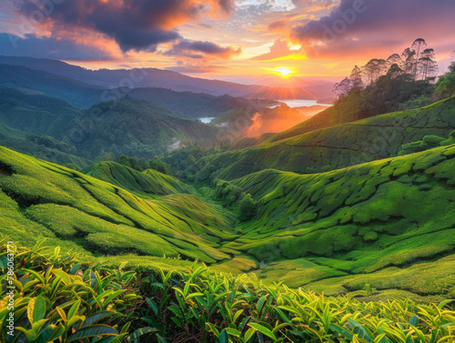 Viewpoint on the top of cameron highland, tea valley and sunrise - AI © azlen